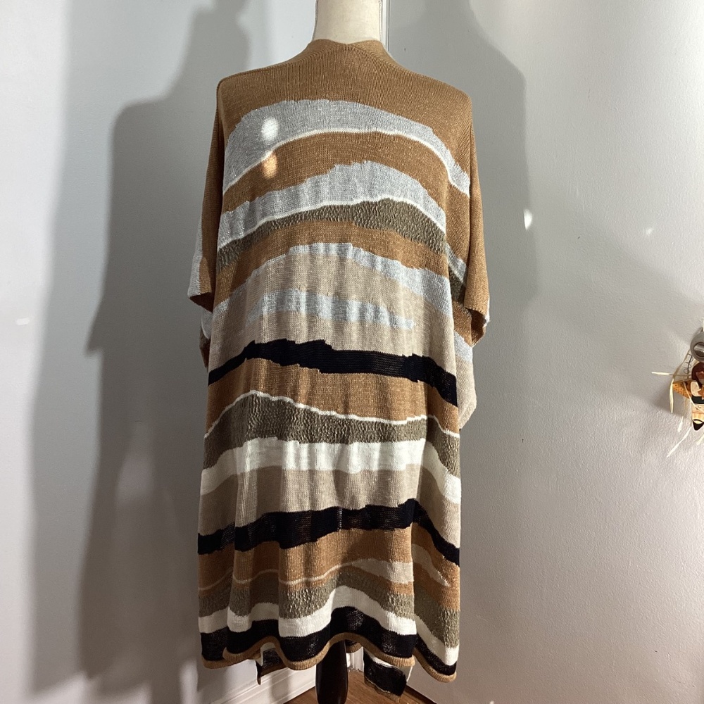 CHICO’S ONE SIZE KNIT PONCHO WRAP SHAWL MULTICOLOR NEUTRAL STRIPES LIGHTWEIGHT - Picture 5 of 11